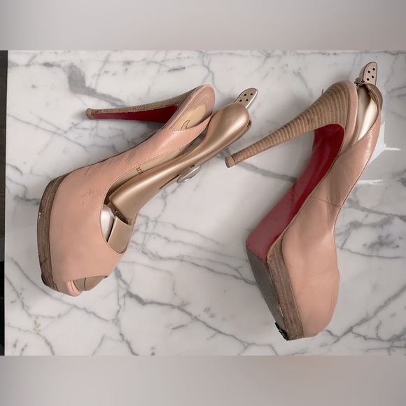 Christian Louboutin Peep Toe Nude Leather Slingback Platform Pumps Size 42 - Picture 1 of 10